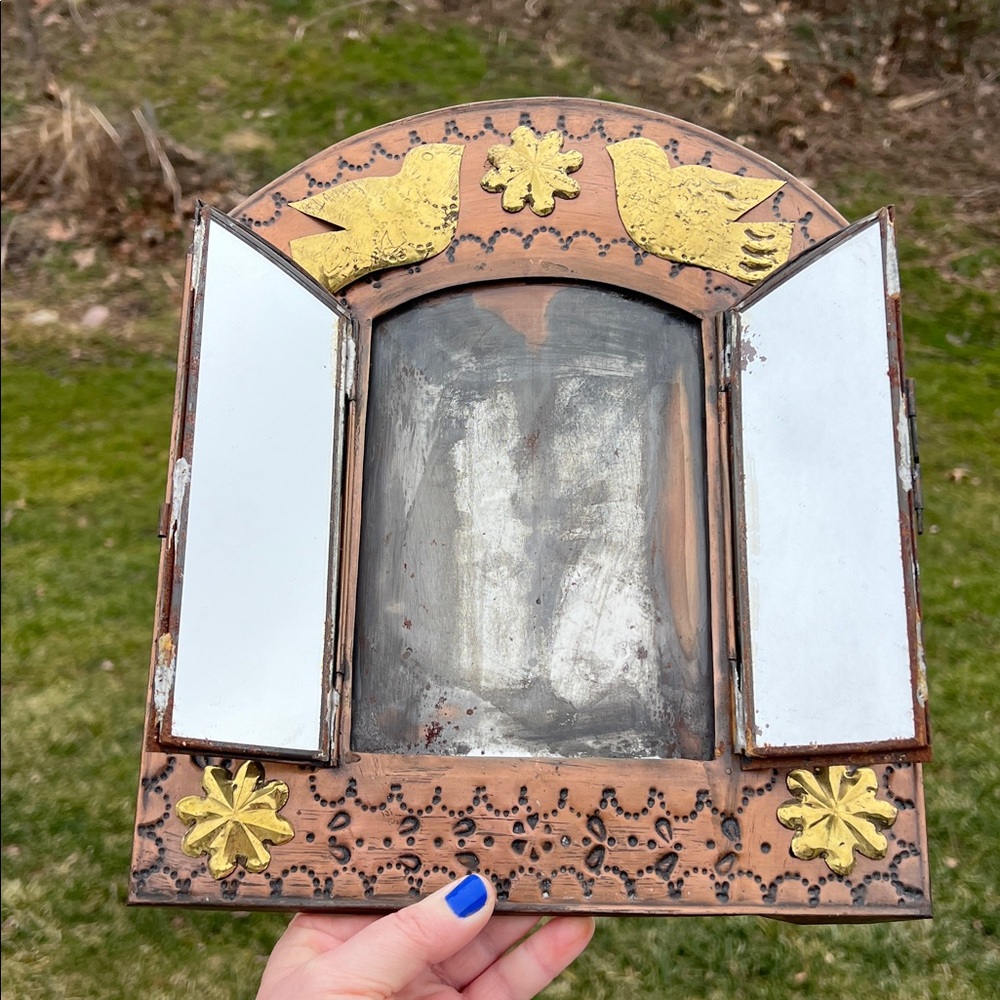 VTG Mexican Folk Art Punched Tin Copper Gold Picture Frame Wall Mirror Doors